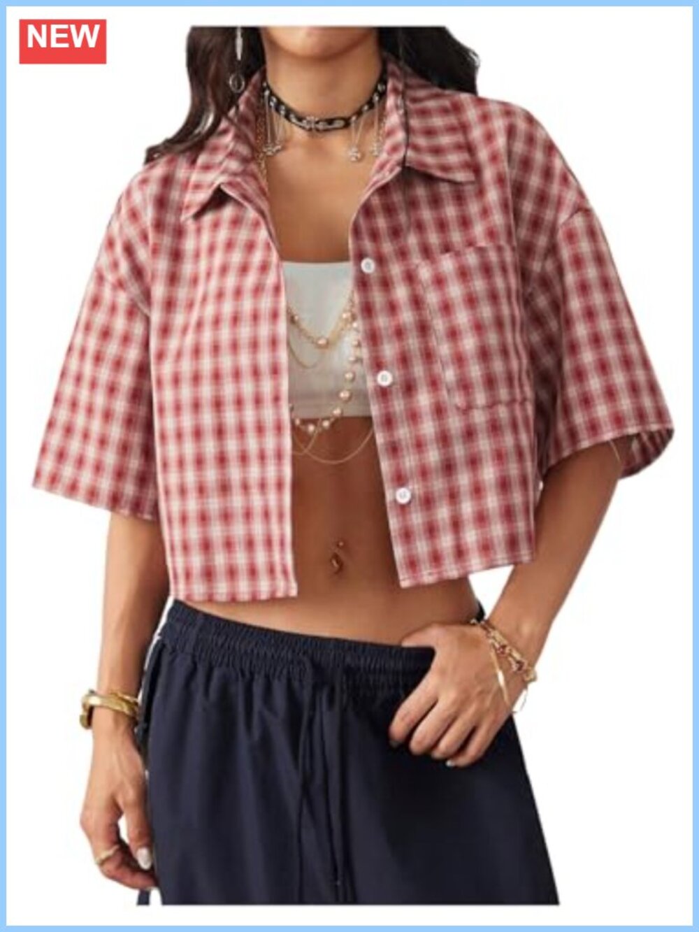 Women's Plaid Button Down Crop Top Short Sleeve Collared Casual Blouse
